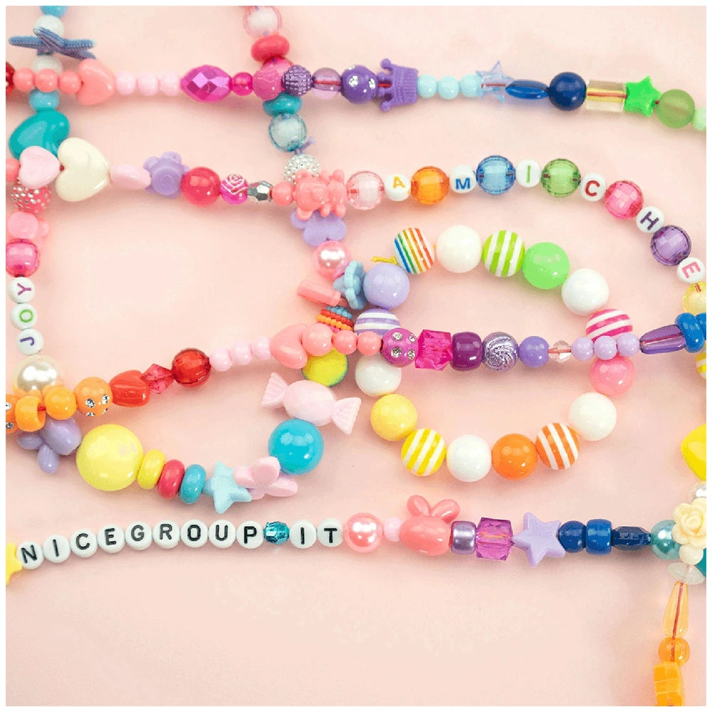 Beads ABC Candy Beads Jar features colorful plastic, metal, and rubber beads with a bracelet spelling "NICEGROUPIT."