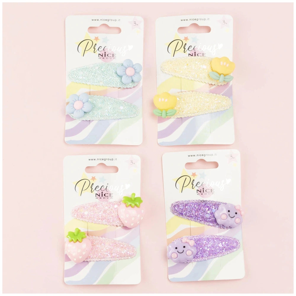 Nice Bubbles 2 Pcs Hair Clip Set features colorful clips on glossy white packaging with decorative text on a light pink backg