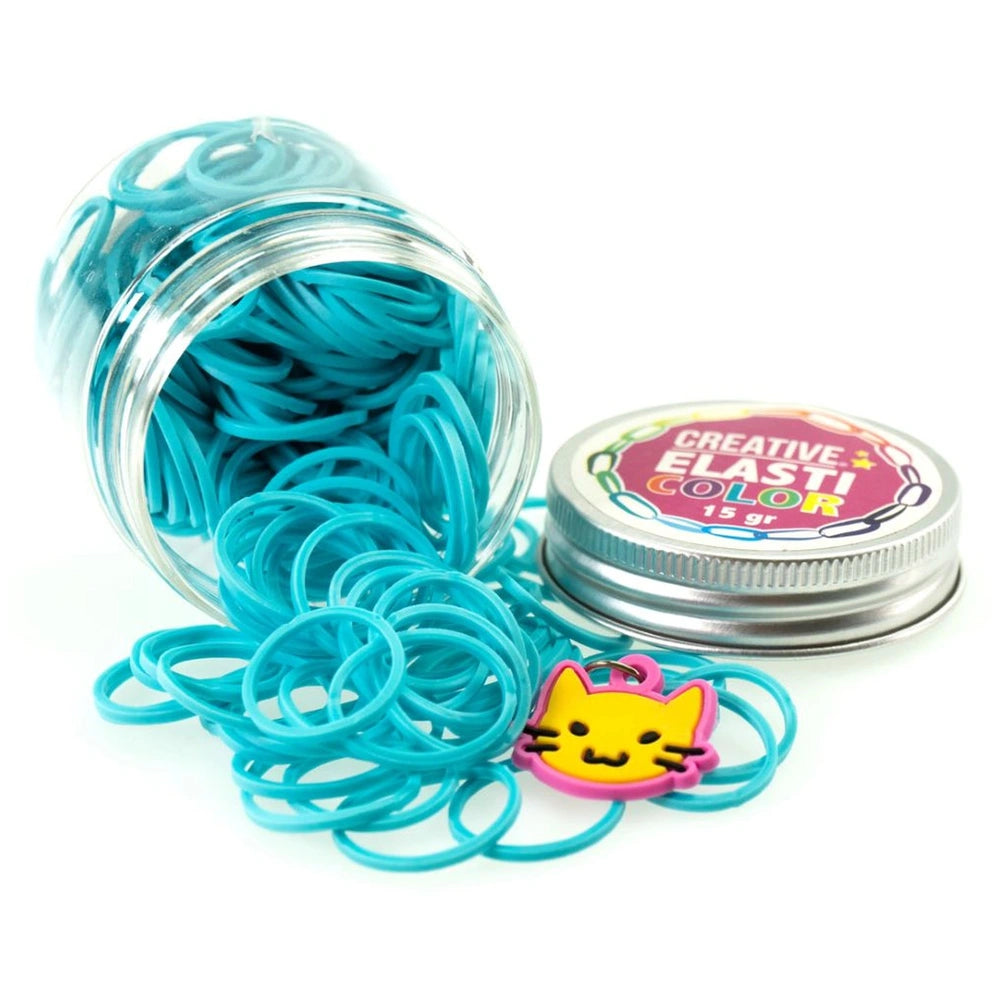 Creative Elasticolor multicolor bands pack in a clear container with a silver lid, featuring light blue spools and a yellow c