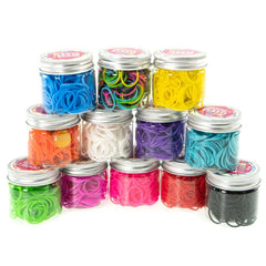 Elasticolor Multicolor Bands Pack featuring 6 metal containers with clear windows, filled with vibrant colored rubber bands.