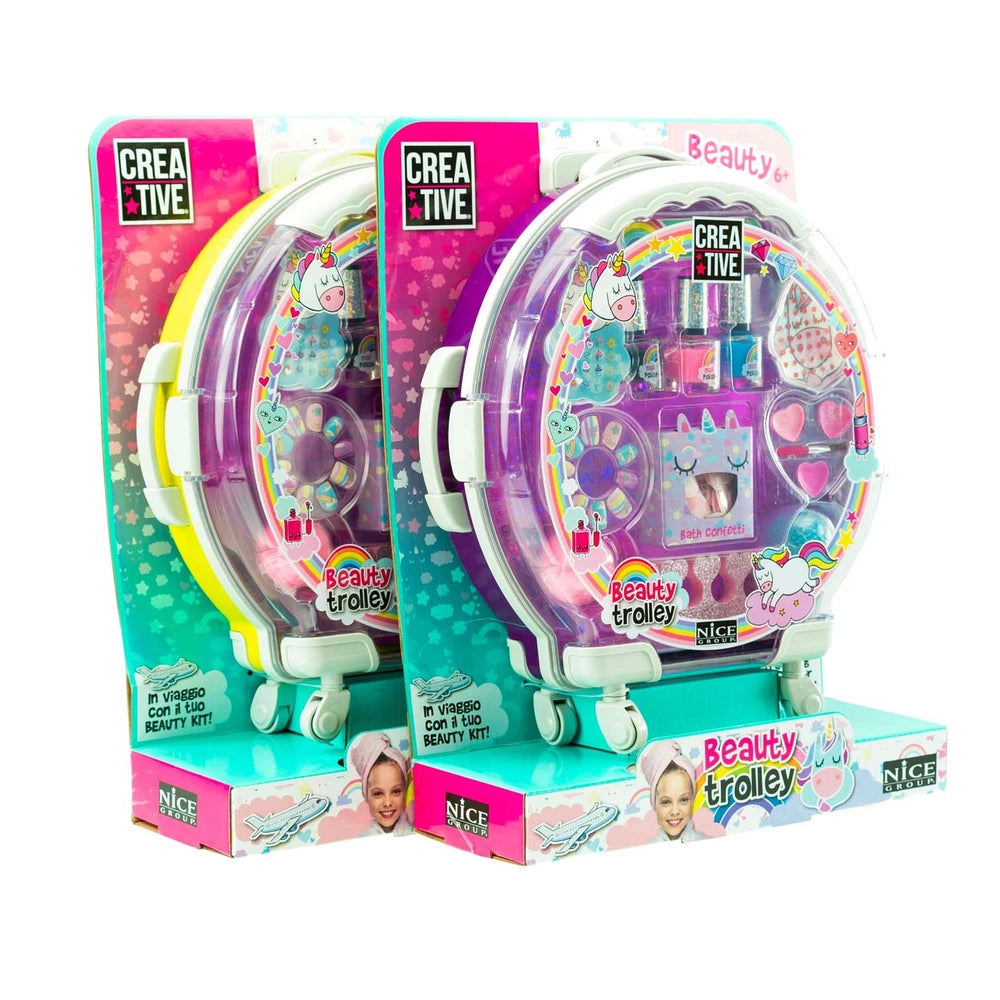 Creative Trolley Beauty & Nails Unicorn features a glossy packaging with colorful patterns and a rainbow-designed trolley wit