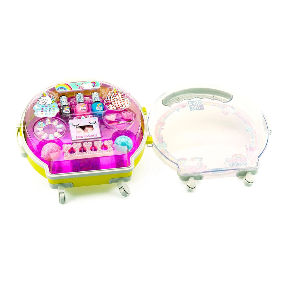Nice Creative Trolley Beauty & Nails Unicorn features a glossy and matte plastic design with multiple colorful trays for orga