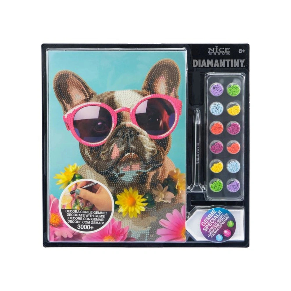 Diamantiny Artist Level Up painting kit featuring a dog in pink sunglasses surrounded by colorful flowers and grass.