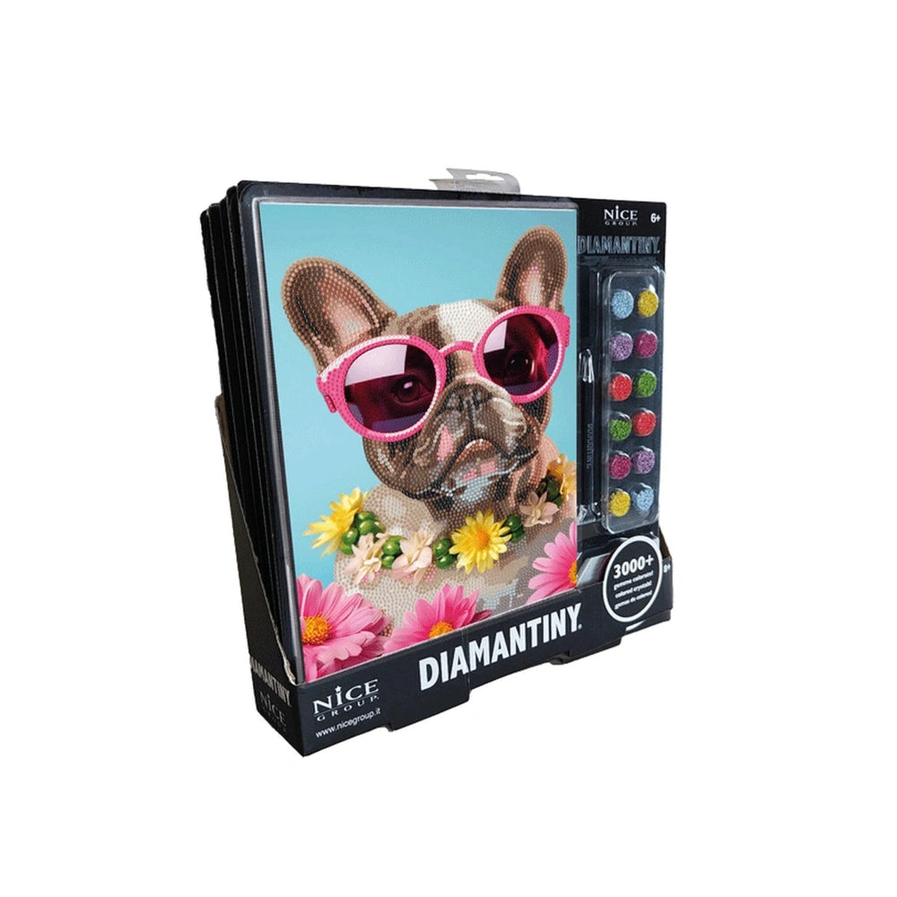 Diamantiny Artist Level Up painting kit featuring a dog in pink sunglasses on glossy light blue packaging with clear window.