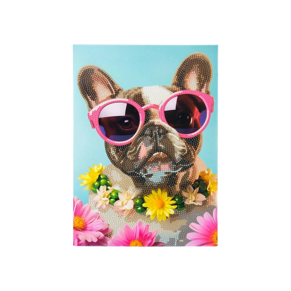 Diamantiny Artist Level Up painting on canvas features a close-up of a brown and white dog with vibrant colors against a ligh