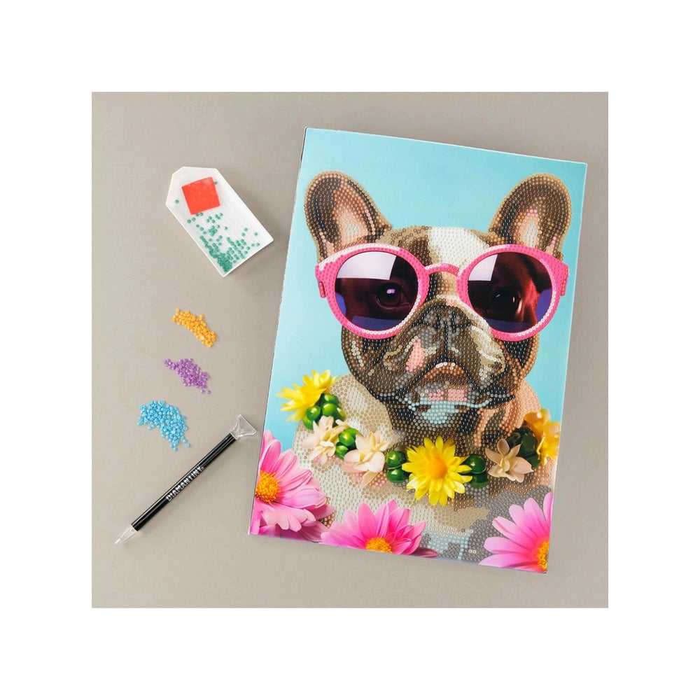 Diamantiny Artist Level Up painting kit features pink sunglasses, yellow and pink flowers, and green leaves on colorful packa