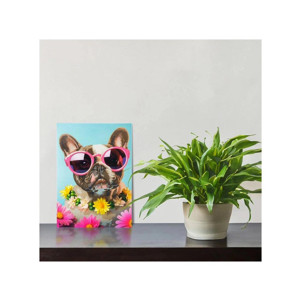 Diamantiny Artist Level Up canvas painting features a dog in sunglasses with a floral headband, set against a light backgroun