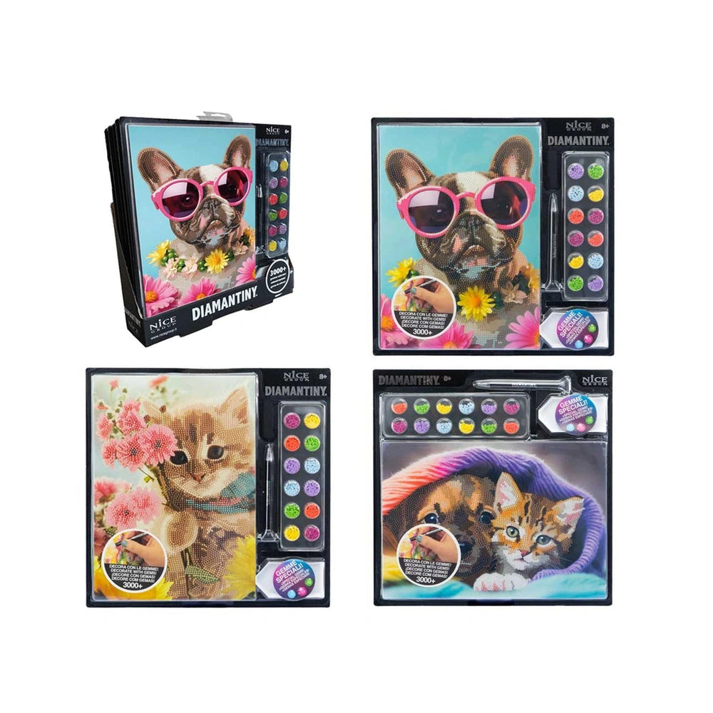 Diamantiny Level Up Painting on Canvas Pets packaging showcases a dog in sunglasses and colorful floral design with transpare
