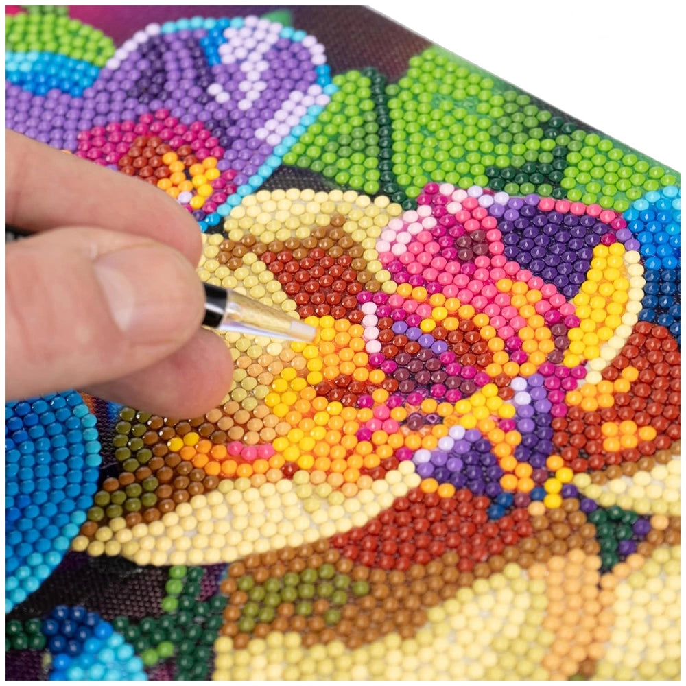 Diamantiny Artist Level Up painting on canvas featuring a close-up of a textured beaded surface in vibrant colors and pattern