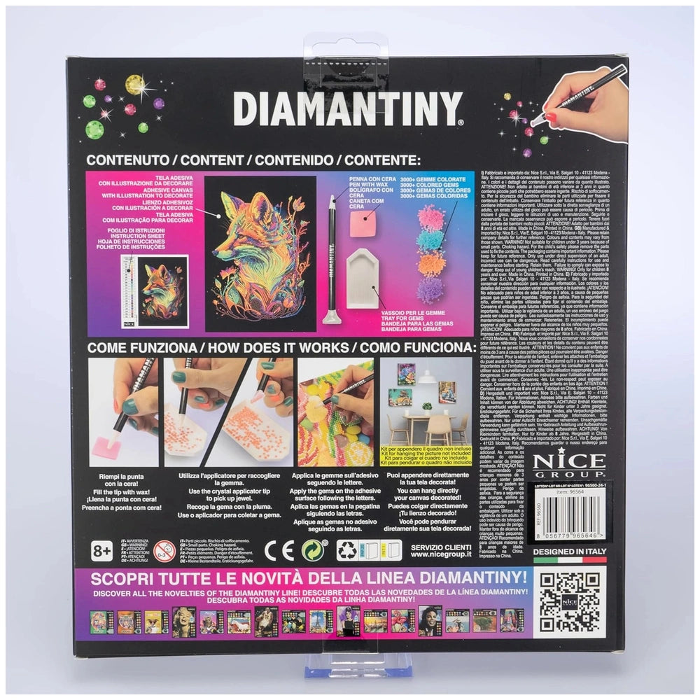Diamantiny Level Up painting kit packaging features a colorful wolf illustration on a purple gradient background with Italian
