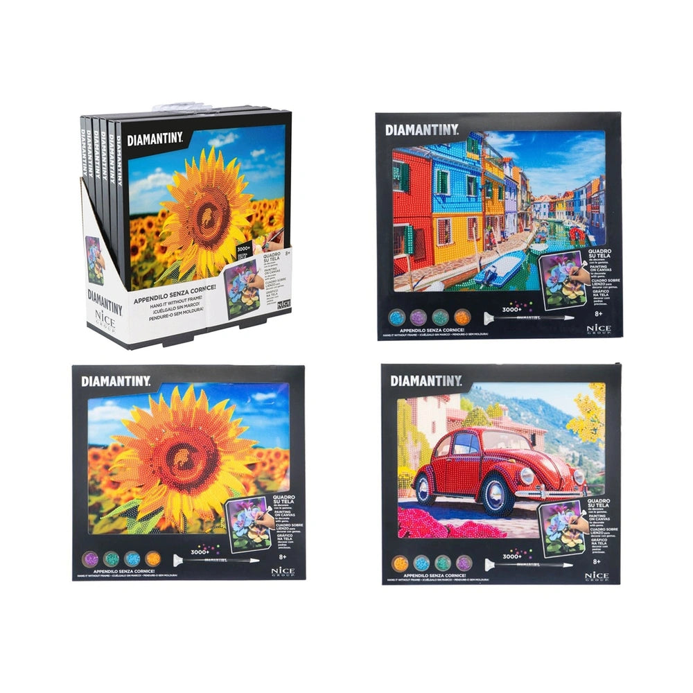 Diamantiny QuadriO painting kit packaging features four colorful images, including a sunflower and a red car, on glossy white