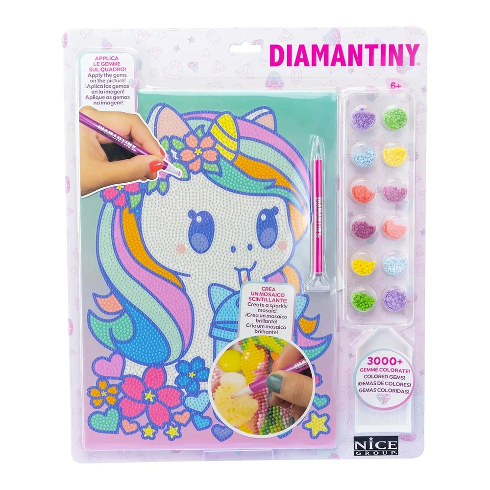 Diamantiny Crystal Art Design Set in glossy pink packaging features a coloring book, colorful pencils, and scissors.