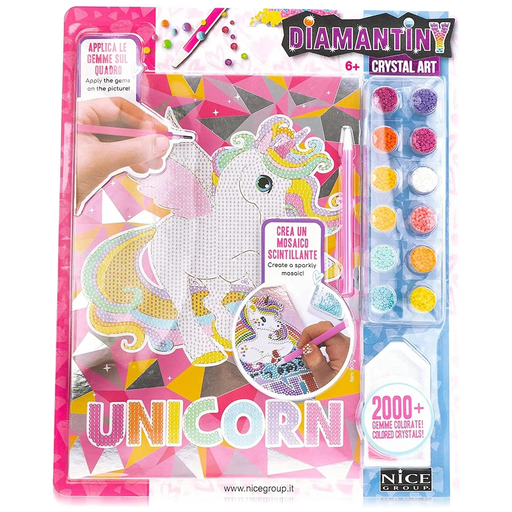 Nice Diamantiny Crystal Art Design Set in pink packaging features a unicorn, colorful gemstones, and crafting tools.
