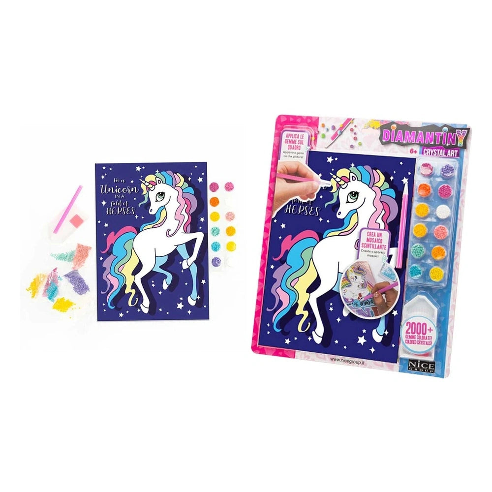 Nice Diamantiny Crystal Art Design Set packaging features a unicorn with rainbow mane, stars, and colorful dots on a blue bac