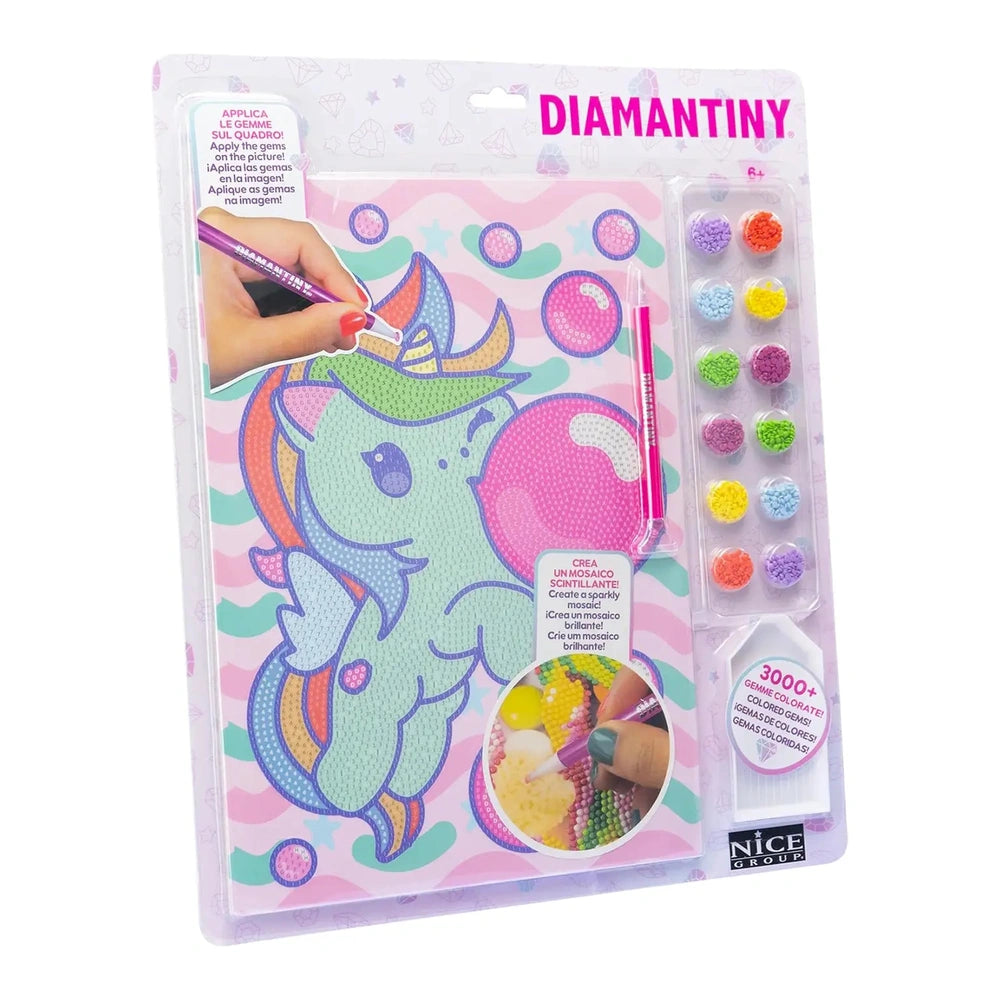 Diamantiny Crystal Art Design Set features a unicorn coloring book, colored pencils, stickers, glitter glue, and gems in vibr