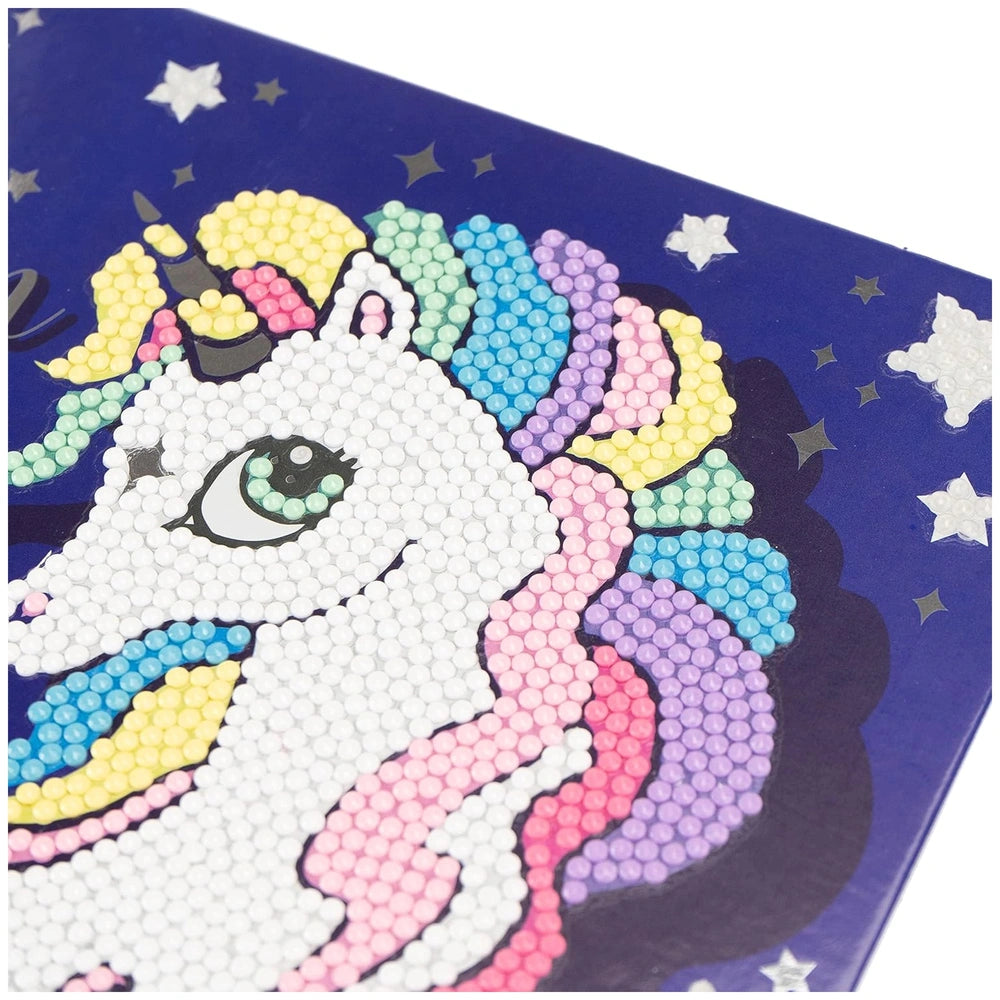 Unicorn crystal art design set features a white unicorn with a colorful mane against a dark blue starry background.