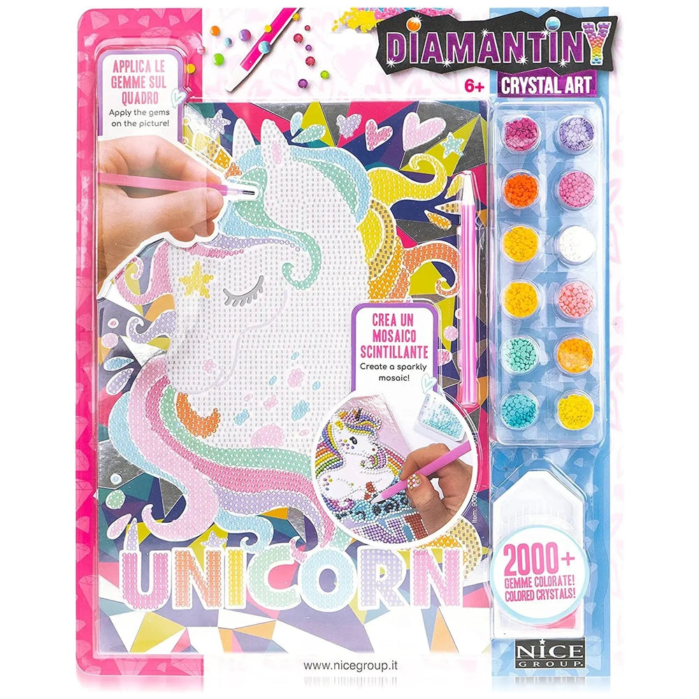 Nice - Diamantiny Crystal Art Design Set packaging in pink, featuring colorful text, a unicorn design, and a clear plastic wi