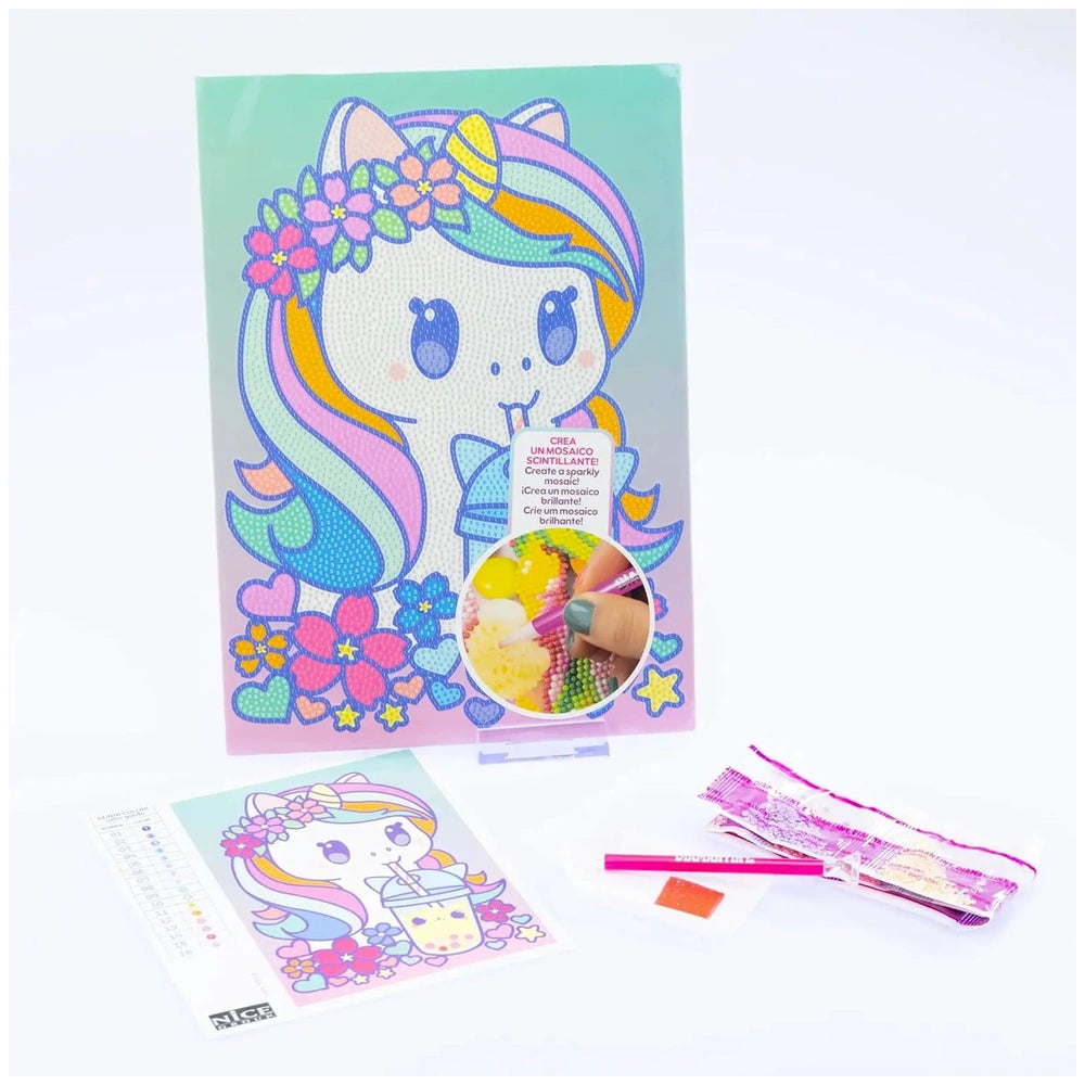 the headband are pink and blue, complementing the colorful unicorn design.