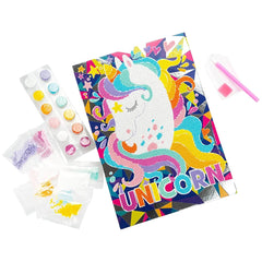 Diamantiny Crystal Art Design Set packaging features a glossy unicorn illustration with vibrant colors and playful text.