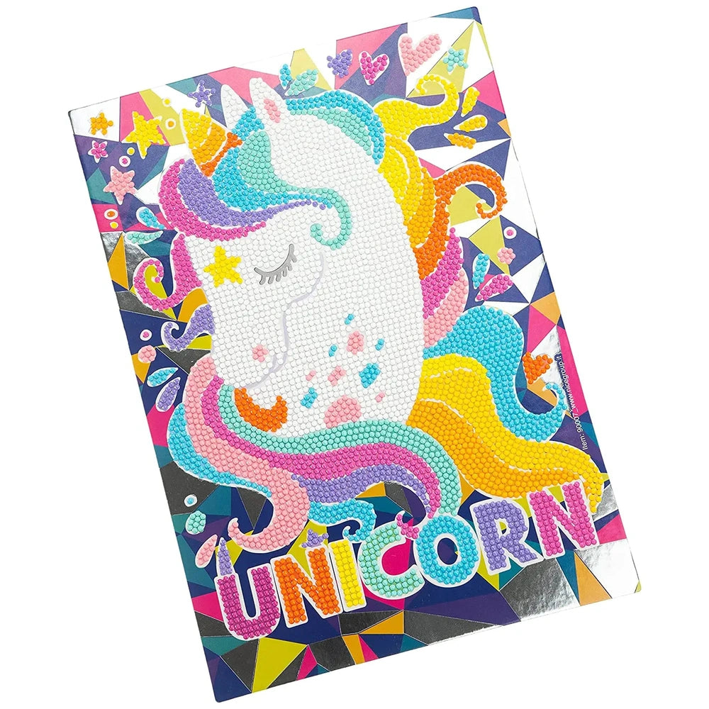 Diamantiny Crystal Art Design Set features a stylized unicorn and colorful geometric shapes on glossy cardstock packaging.