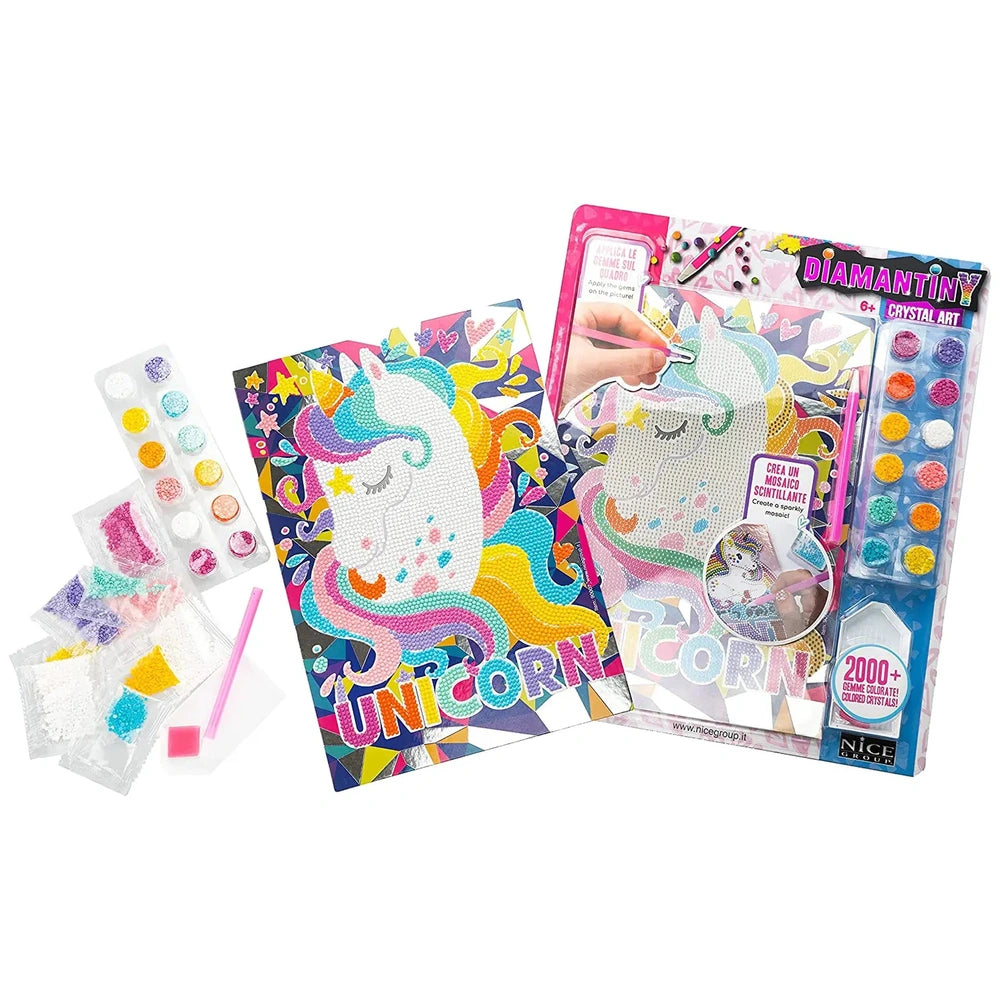 Diamantiny Crystal Art Design Set featuring a unicorn design, colorful kit contents, and glossy pink and white packaging.
