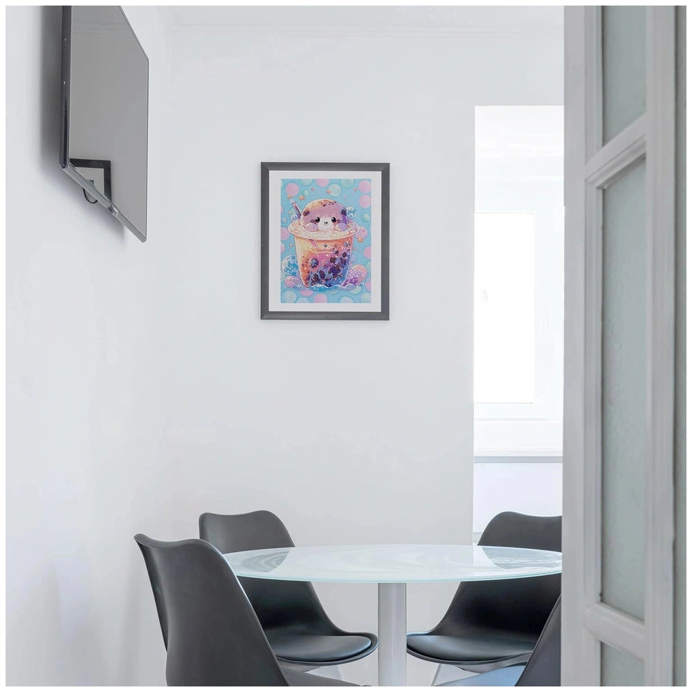 NICE - Diamantiny Level Up Coloring displayed on a glossy glass tabletop with black chairs and a cartoon cat picture frame.