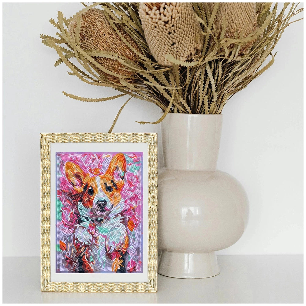 NICE Diamantiny Pets Coloring Arts Crafts features a brown and white dog photo framed in woven material with pink and orange 