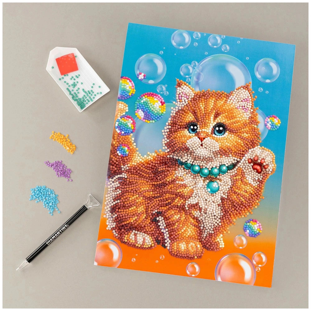 NICE Diamantiny Pets Coloring Arts Crafts features an orange and white cat with a blue necklace and colorful beads on a blue 