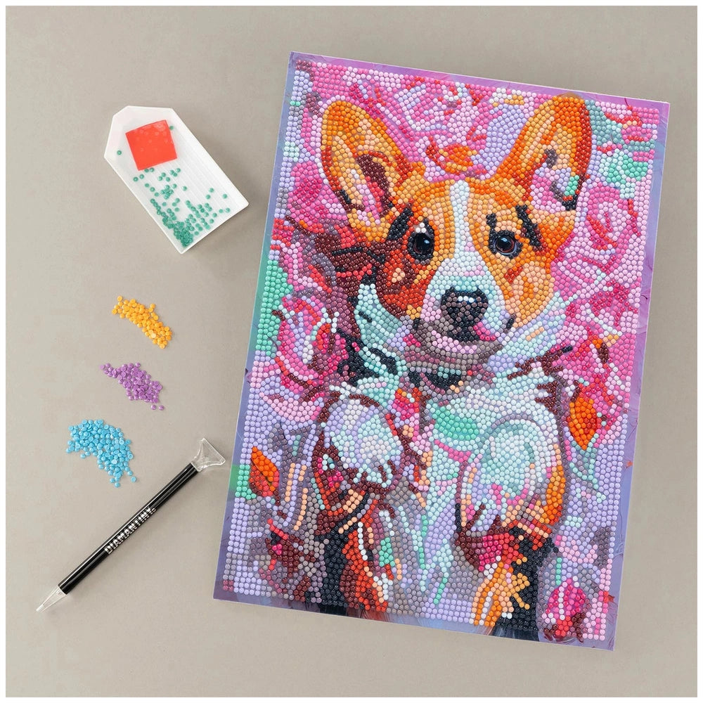 NICE Diamantiny Pets Coloring Arts Crafts packaging features a glossy finish with a brown and white dog wearing a pink collar