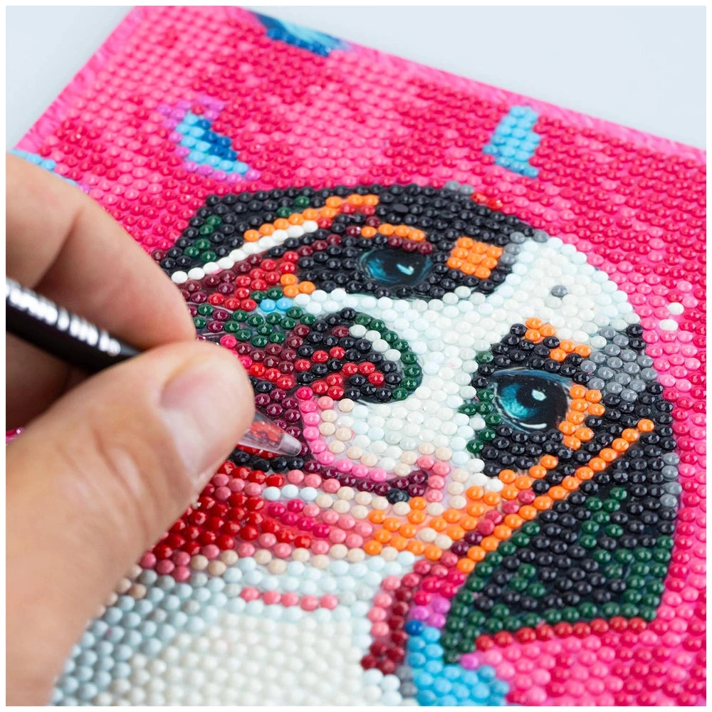 NICE Diamantiny Pets Coloring Arts Crafts features a pink beaded fabric depicting a dog's face with colorful beads.