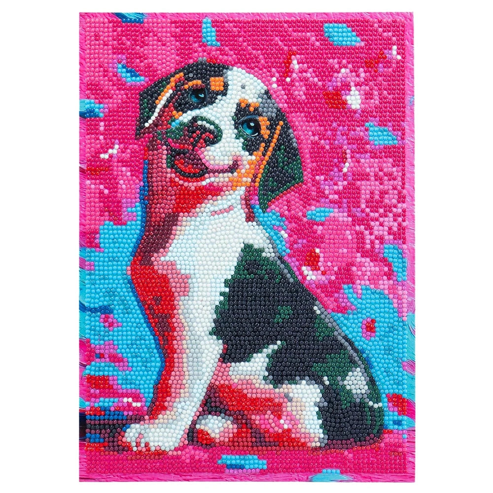 NICE Diamantiny Pets Coloring Arts Crafts features a pink fabric background with scattered colorful beads and a black and whi