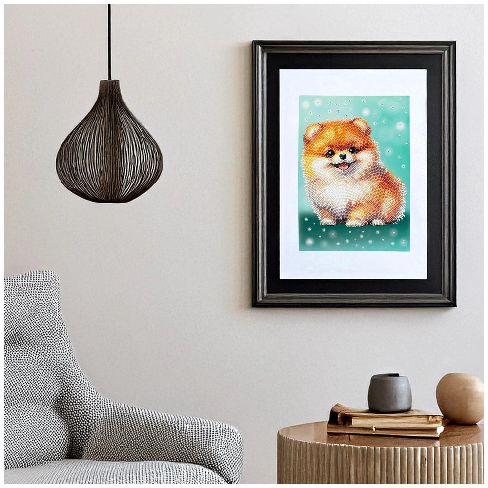 NICE Diamantiny Pets Coloring Arts Crafts displayed on a brown table with a gray chair, ceramic vase, and a picture of a dog.