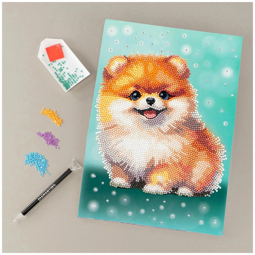 NICE Diamantiny Pets Coloring Arts Crafts features a white and orange dog figure with colorful beads in a clear plastic conta