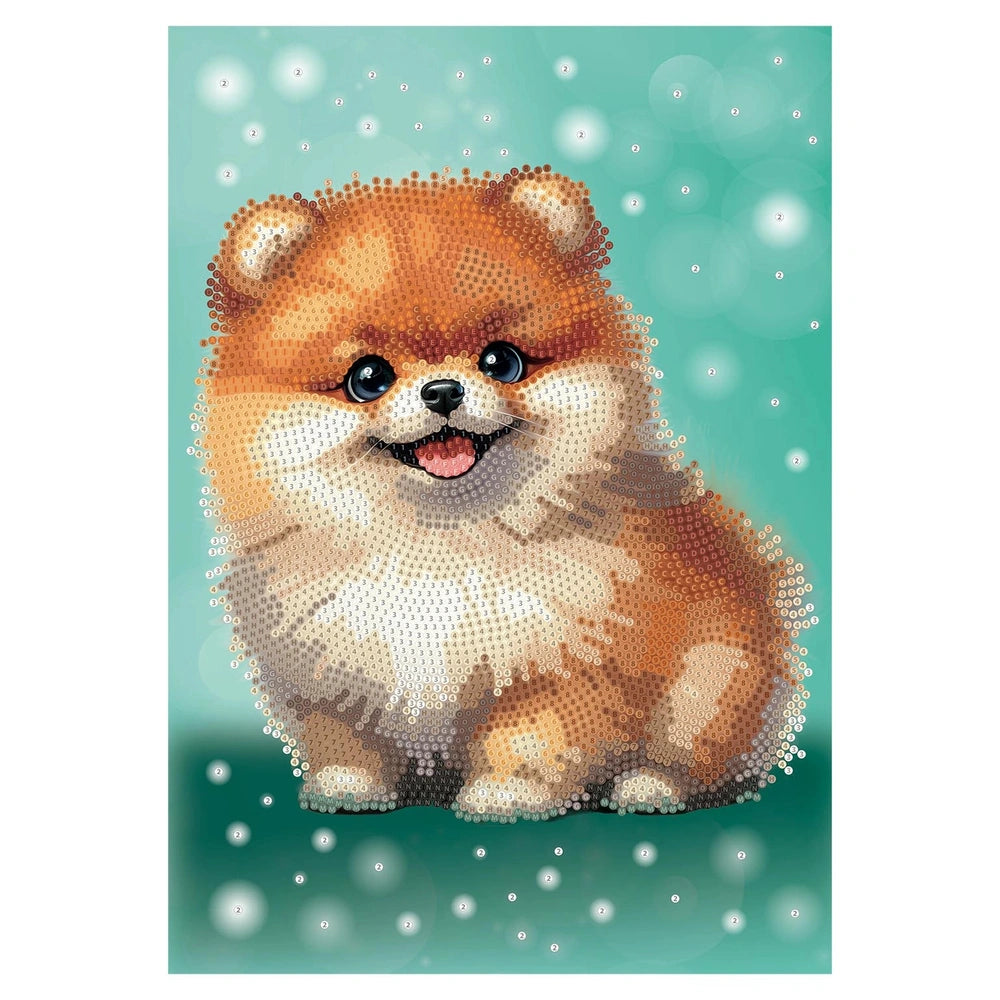 NICE Diamantiny Pets Coloring Arts Crafts features a stylized brown and white dog sitting upright against a light teal backgr