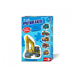 Noris 6 First Puzzles showcases colorful vehicle images on a blue box, designed for children aged 6 and up.