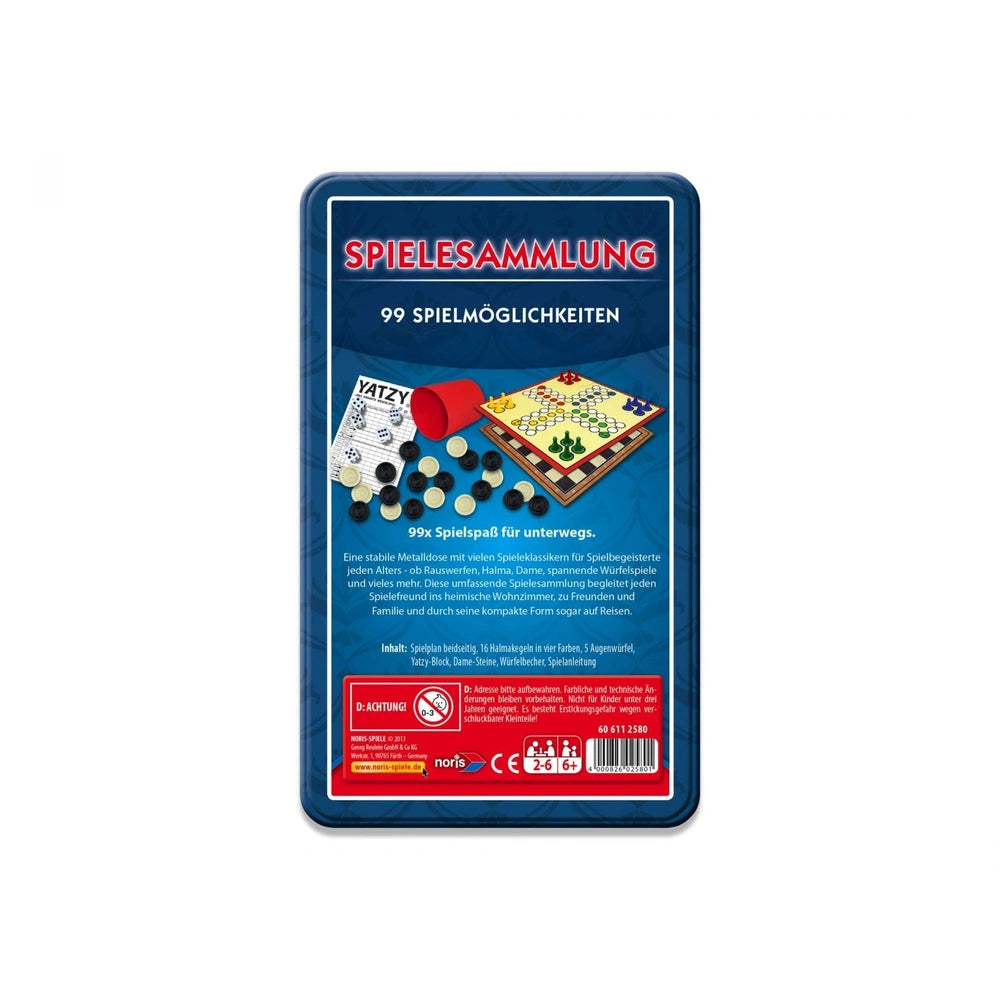 Noris 99 Games collection in Metal Box features various board games, including Yatzty, suitable for ages 18+ with 2-6 players