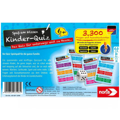 Noris Childrens Quiz board game for clever kids in blue packaging, featuring colorful illustrations and educational elements.