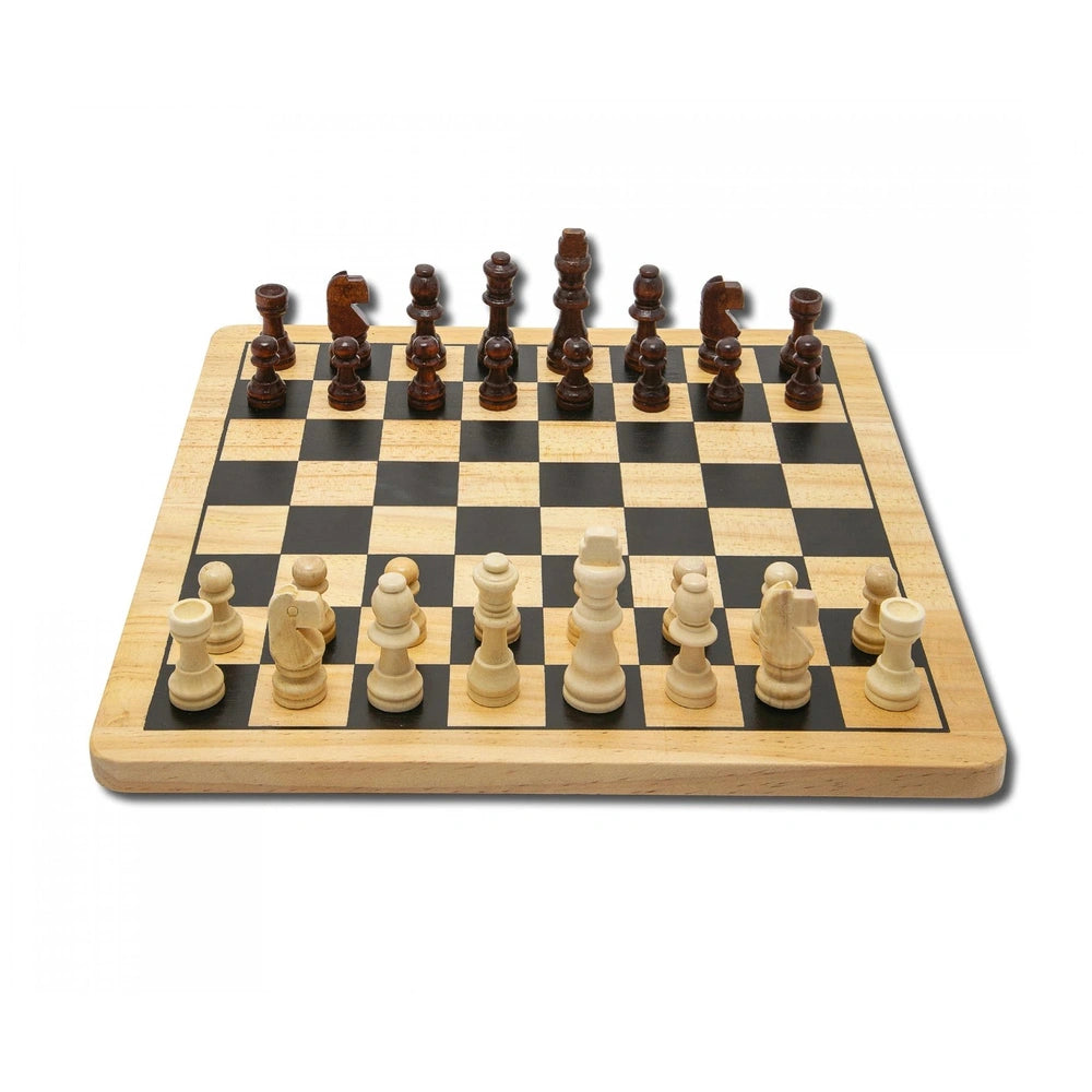 Noris Deluxe Wooden Chess & Checkers set displayed on a black and white checkered board with intricately carved pieces.