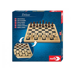 Noris Deluxe Wooden Chess & Checkers board game set, featuring a floral box design and a detailed chess board graphic.