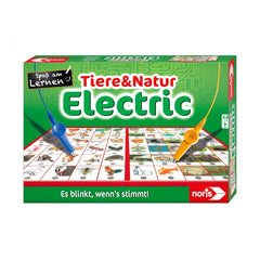 Noris Electric Animals & Nature board game box featuring circuit graphics, vibrant colors, and engaging promotional text.