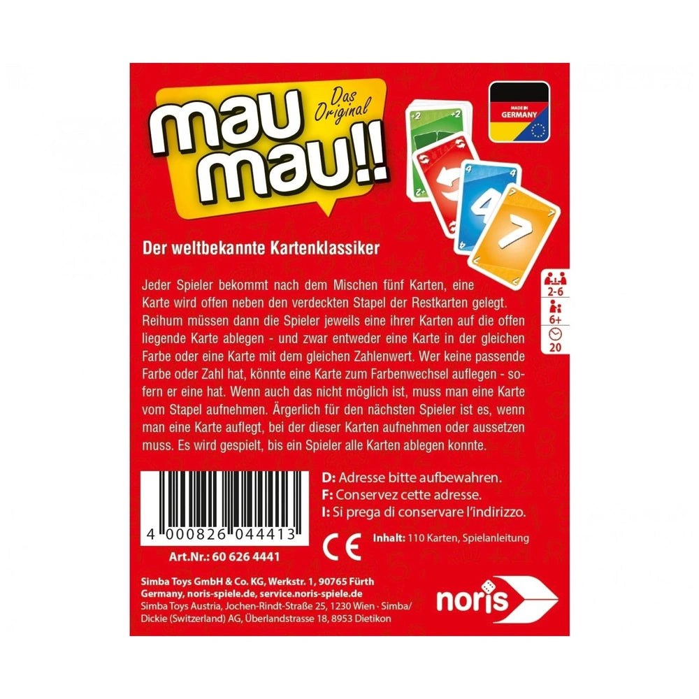 Noris Mau Mau Board Game packaging features red and yellow design with cards and playful graphics for German edition.