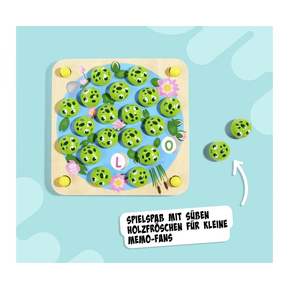 Noris My Frog Memory Game features bright cartoonish frogs on a blue board, designed for fun with young children.