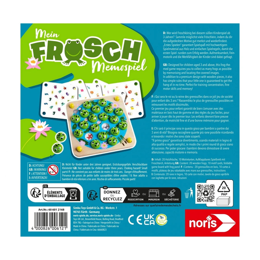 Noris My Frog Memory Game advertisement featuring a vibrant green game board with playful frog figures for children.