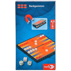 NORIS Portable Interactive Travel Games - Backgammon packaging with blue floral design, red logo, and game illustration.