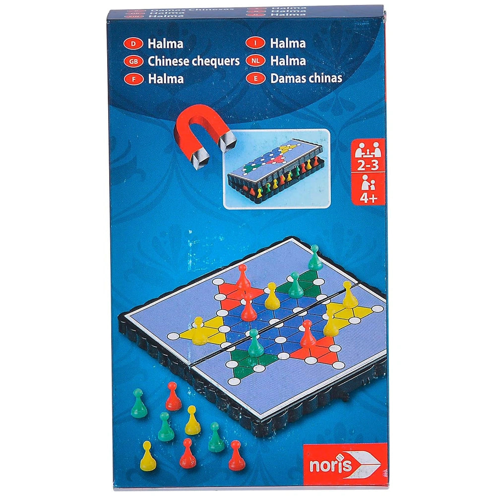 NORIS Portable Interactive Travel Games packaging features a blue design with a game board and colorful pieces, appealing and