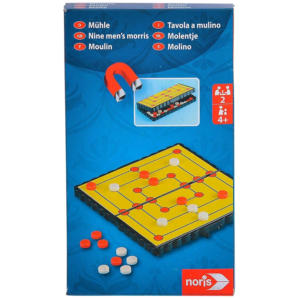 NORIS Portable Interactive Travel Games packaging featuring a colorful game board, player info, and multilingual tabs.