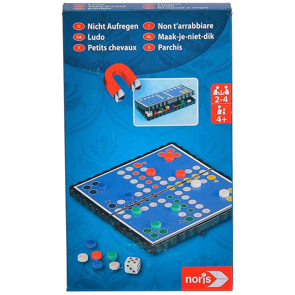 NORIS Portable Interactive Travel Games set includes a Scrabble-style board, colorful letter tiles, and a decorative box desi