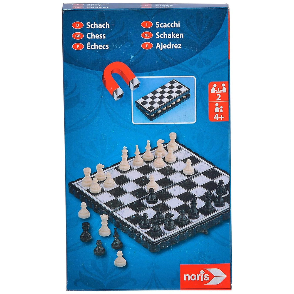 NORIS Portable Interactive Travel Games packaging featuring a colorful chess set with multilingual labels and chess pieces.