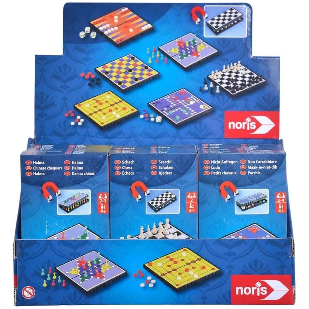 NORIS Portable Interactive Travel Games collection featuring colorful packaging and illustrations for children 4-10 years.