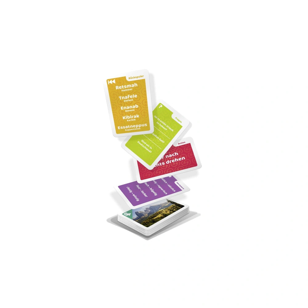 Noris Reverse-Word-Card-Game features colorful stacked cards with text, set against a light background in a graphic style.